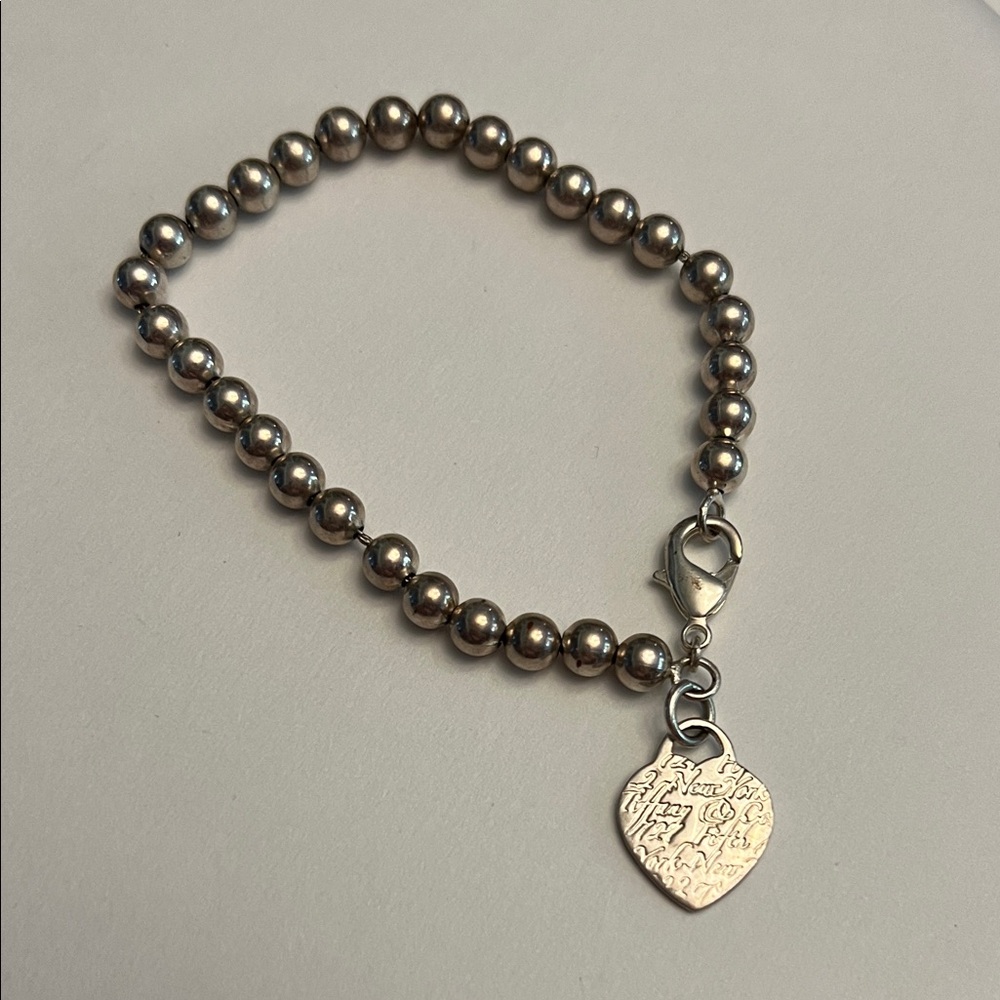 Tiffany & Co. Silver Beaded Bracelet with Heart Charm VINTAGE 727 Fifth